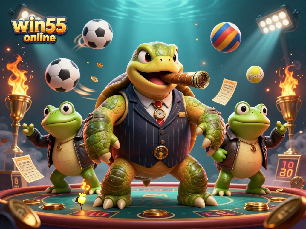 Engage with win55 online as a cartoon turtle and bullfrog enforcers celebrate sports betting excitement.