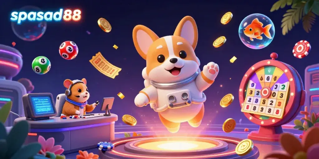 Engage with the vibrant spasad88 casino environment featuring a 3D astronaut corgi, hamster, and goldfish.