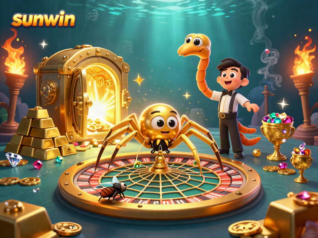 Join the sunwin action with a golden spider spinning a roulette web in a lavish casino scene.