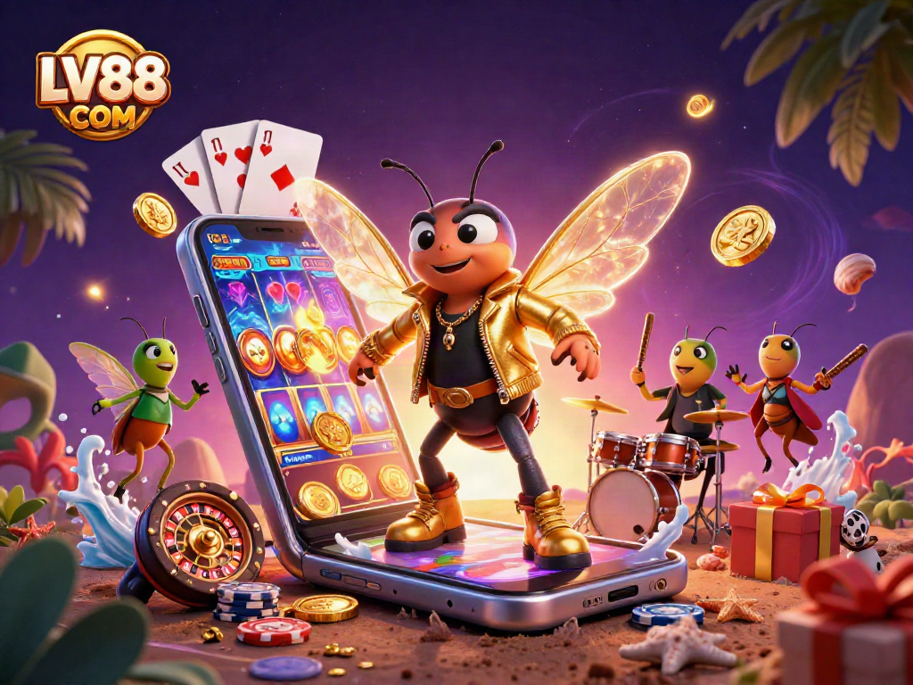 Win exciting slots at LV88 COM with vibrant casino elements featuring a rock star and drummer.