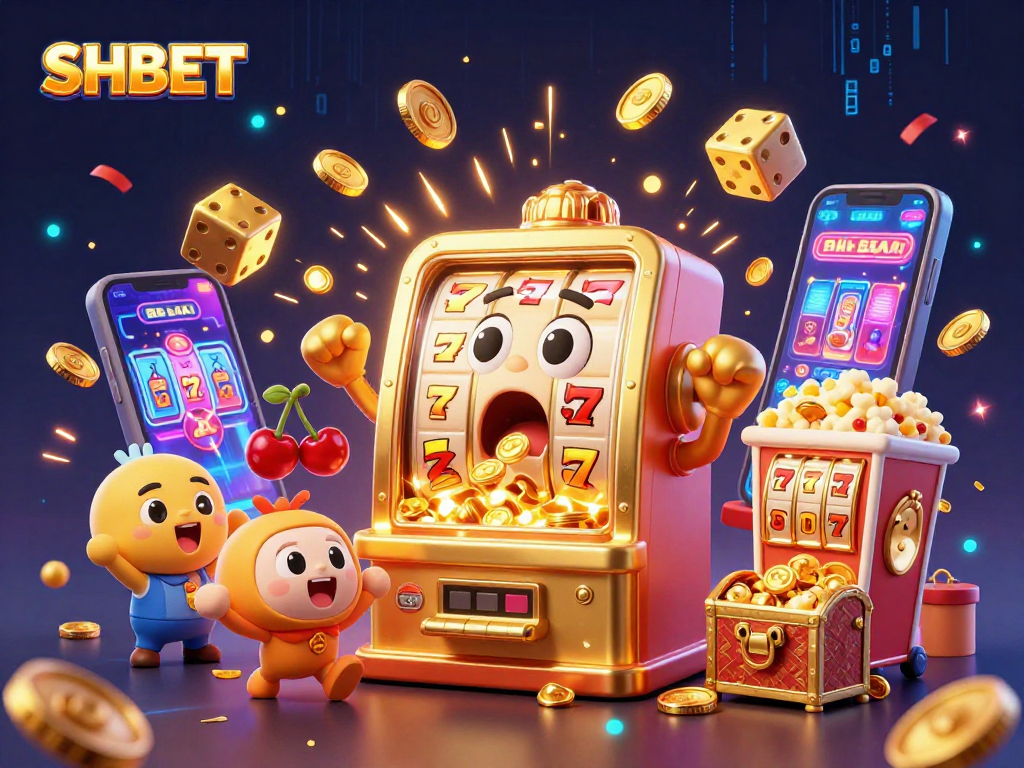 SHBET slot machine celebrates jackpot victory as coins burst forth in a lively casino scene.