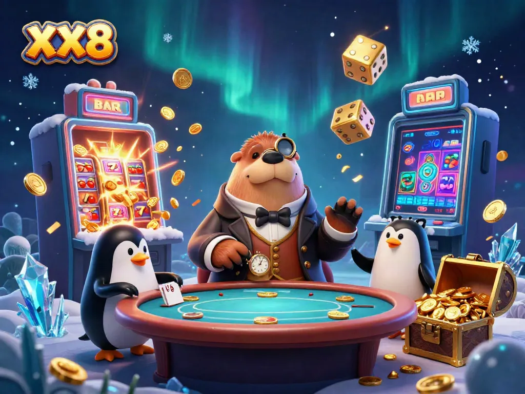 Experience winning moments at the XX8 underwater poker table with a jolly walrus, sophisticated penguin dealer, and bluffing pufferfish.