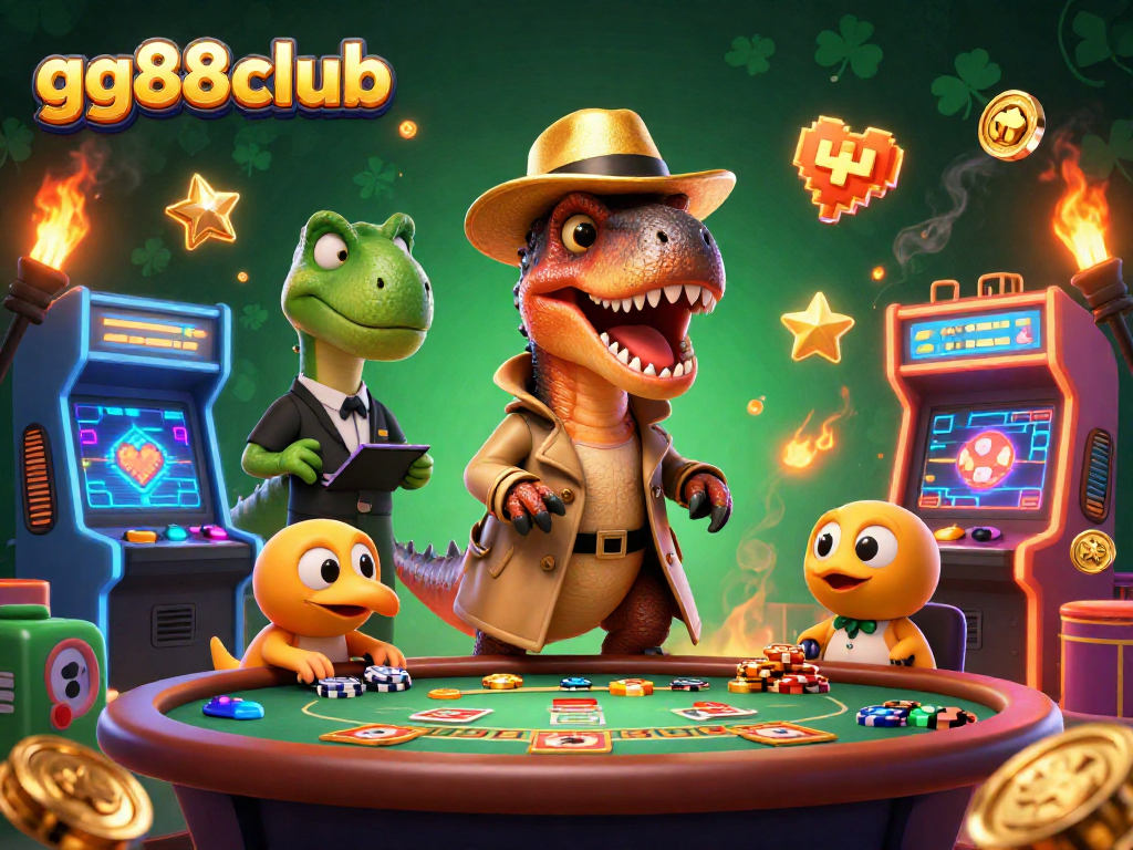 Engage in the thrilling atmosphere of gg88club with a playful velociraptor card counter at a vibrant blackjack table.