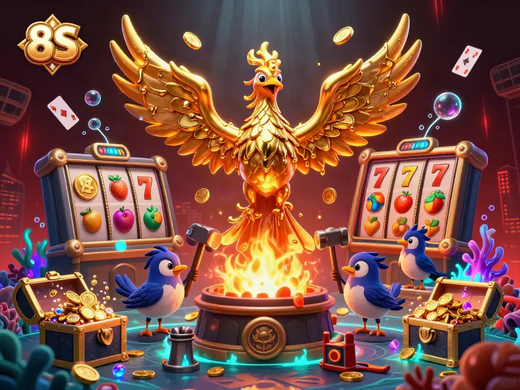 Experience the excitement of 8S with a molten golden phoenix in a dynamic casino scene.