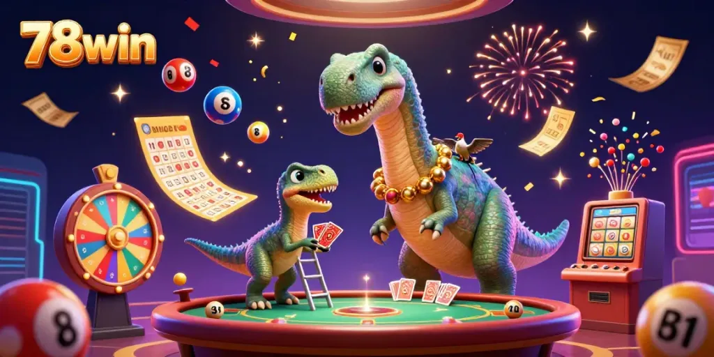 Experience excitement at 78win with colorful casino elements and playful dinosaur characters.