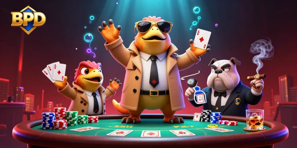 Experience BPD with playful raptors in a VIP casino scene, showcasing vibrant poker action.