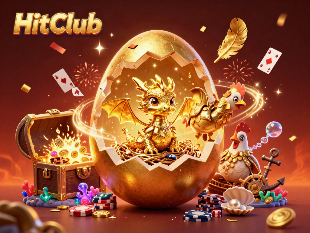 Spin the reels at HitClub with this vibrant 3D illustration showcasing golden treasures and exciting gaming elements.