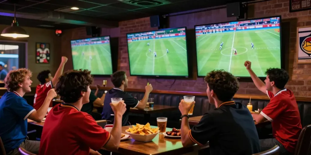 Excited fans enjoying the match at Xoilactv's dynamic sports bar experience.