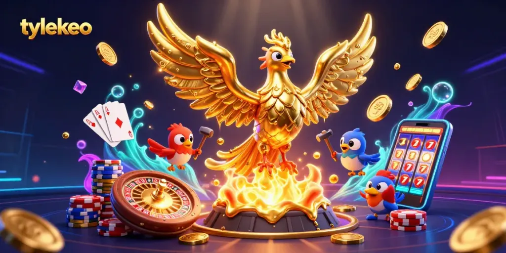 Experience thrilling moments with tylekeo as golden coins rain down in a vibrant casino scene.