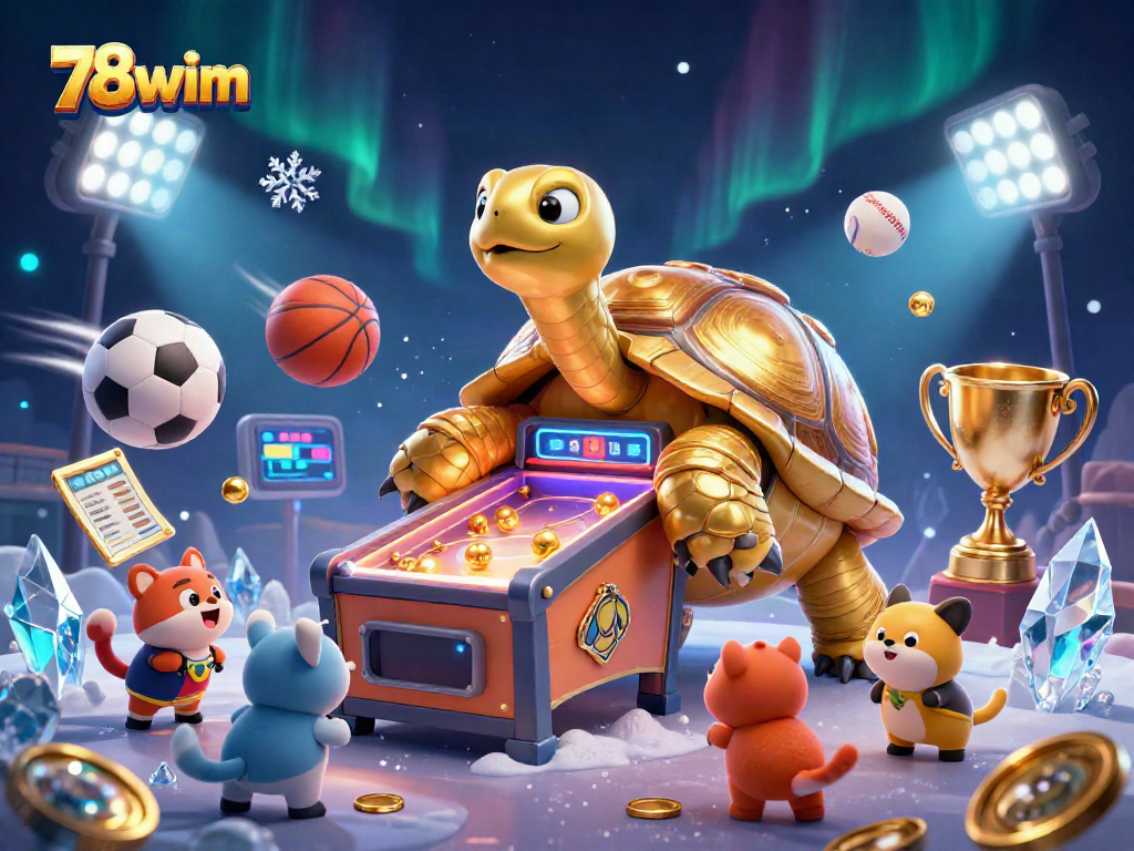Engage with thrilling 78wim gameplay featuring an animated tortoise pinball machine amidst dynamic sports betting elements.