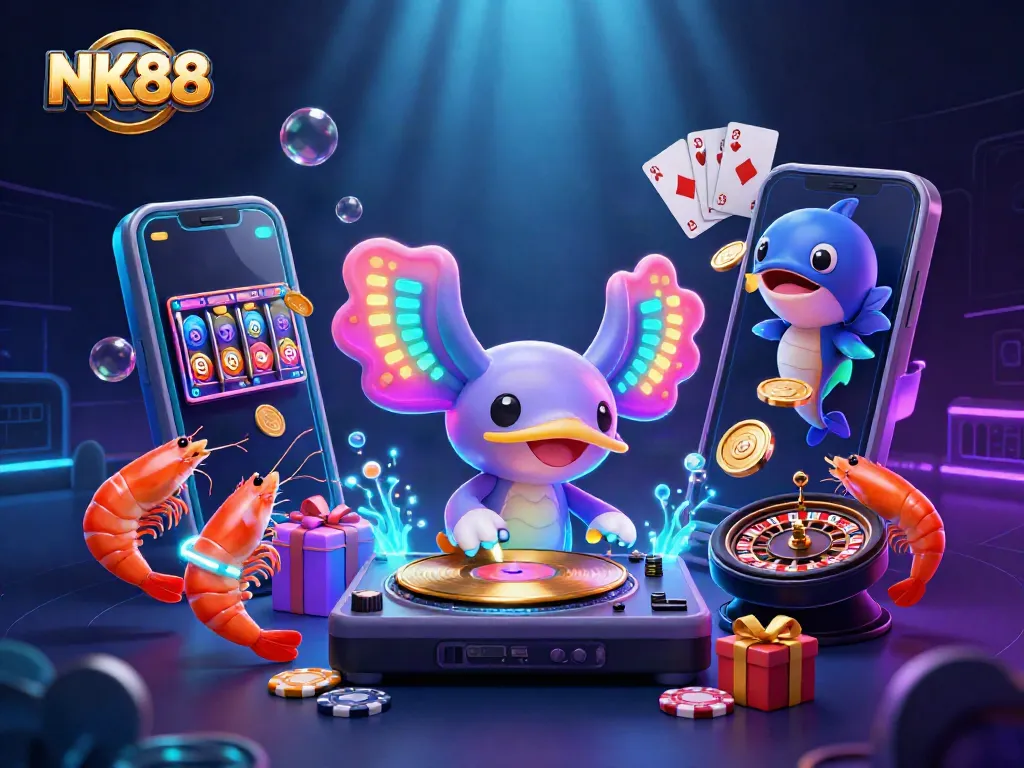 Spin and win with NK88 in a lively underwater casino party scene featuring colorful characters and games.