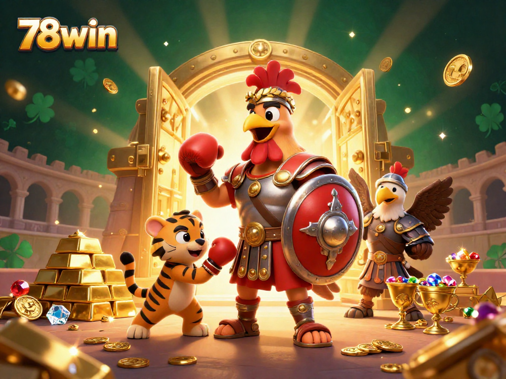 Engage with 78win's vibrant casino scene featuring a gladiator rooster and dynamic treasures.
