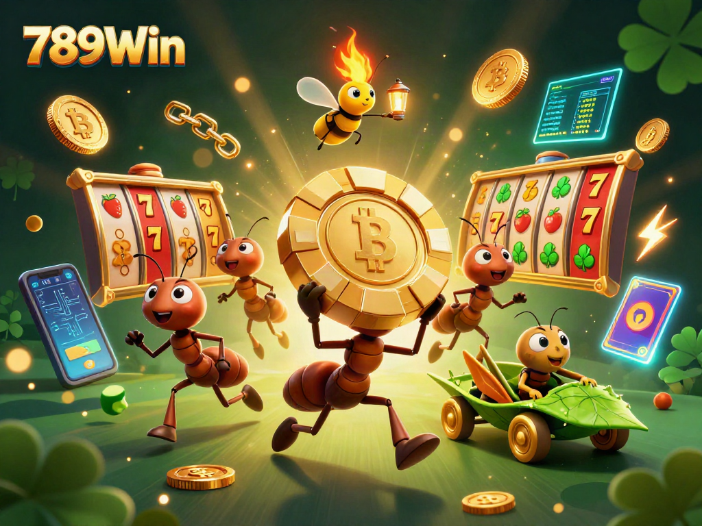 Engage in thrilling slots adventures with 789Win's vibrant 3D heist illustration featuring ants, poker chips, and crypto!