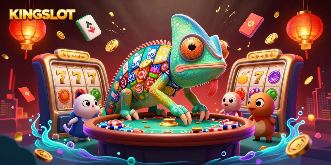 Memenangkan permainan slot di KINGSLOT dengan chameleon kasino besar yang menarik koin emas.
