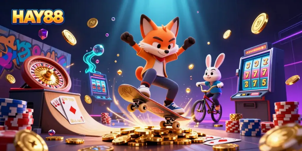 Experience HAY88 with a thrilling 3D scene of a fox and rabbit amidst vibrant casino elements.