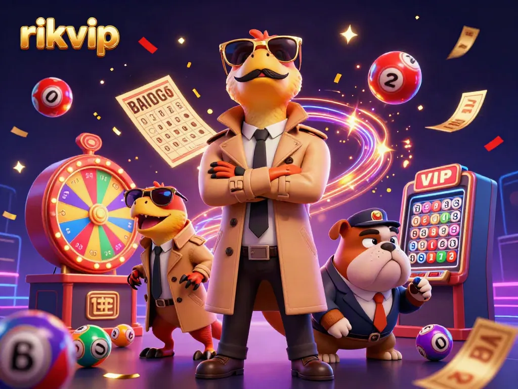 Join the playful scene at rikvip as cartoon raptors attempt VIP entry, lively with lottery balls and golden tickets.