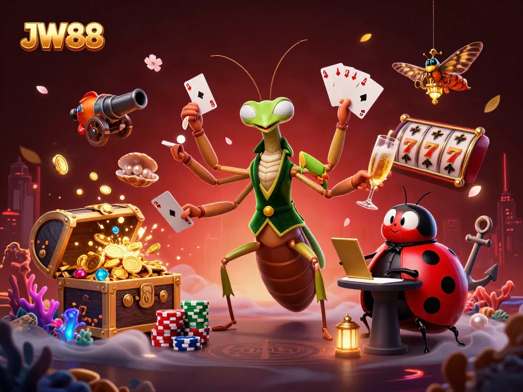Experience the thrill of JW88 with vibrant slot reels and animated casino characters in action.