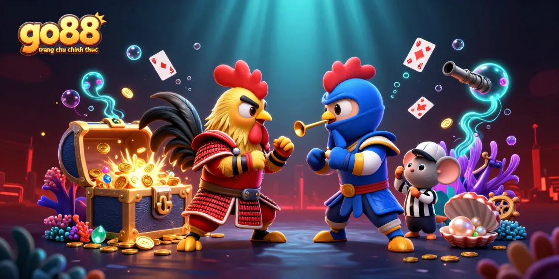 Engage with go88 trang chu chinh thuc through a thrilling confrontation of cartoon fighting roosters in vibrant casino action.