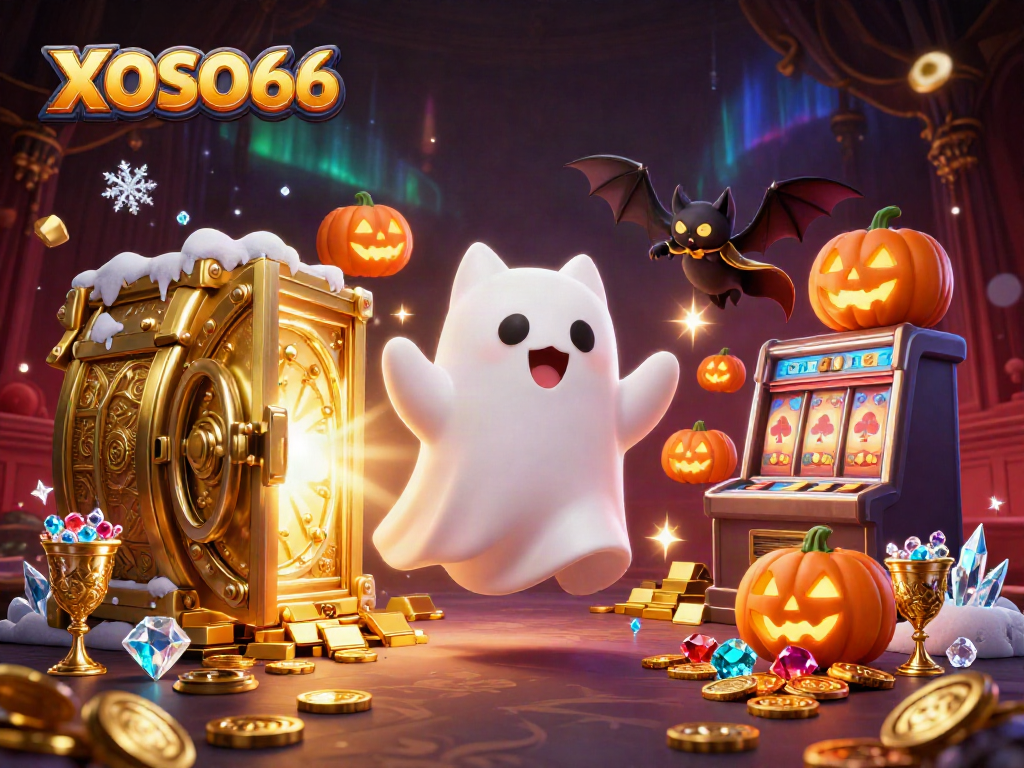 XOSO66 casino illustration featuring a ghost cat and vampire bat surrounded by glowing treasure elements.