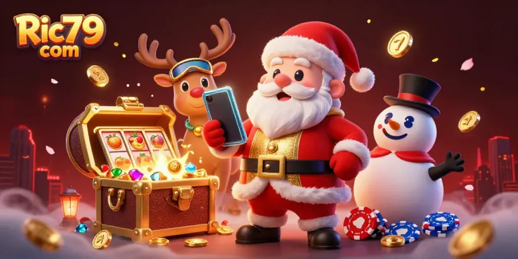 Experience thrilling jackpots with Ric79 com's virtual casino magic featuring a festive scene.