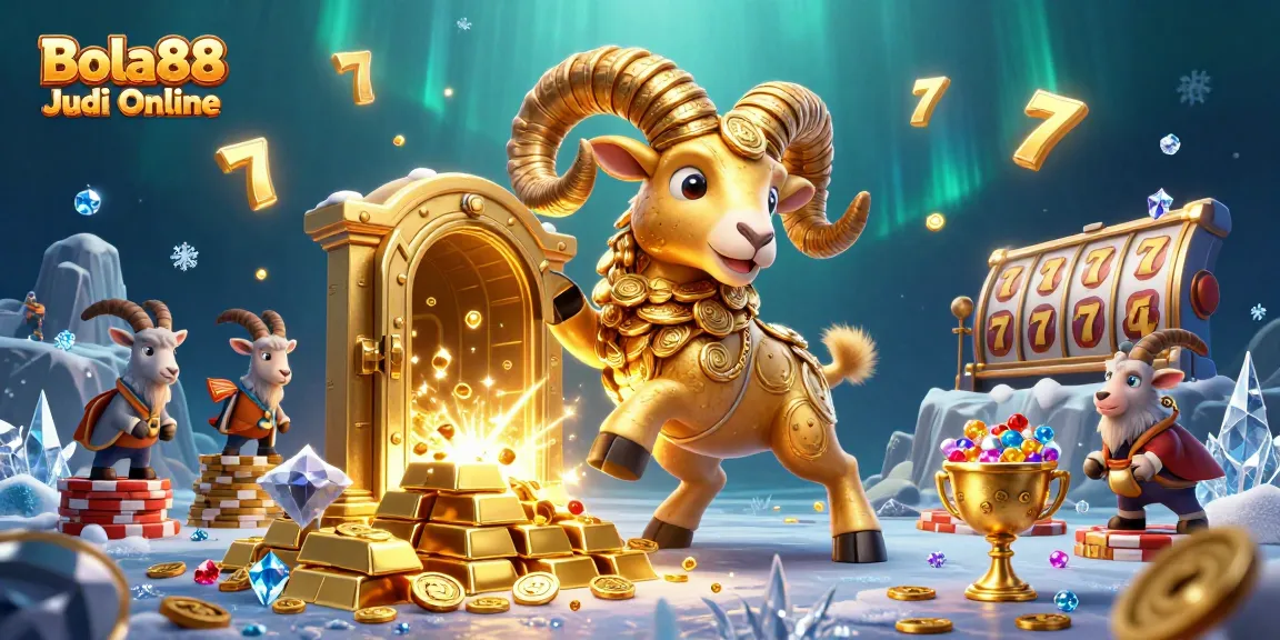 Experience thrilling wins at Bola88 Judi Online with a charging golden ram amidst a treasure-filled casino scene.