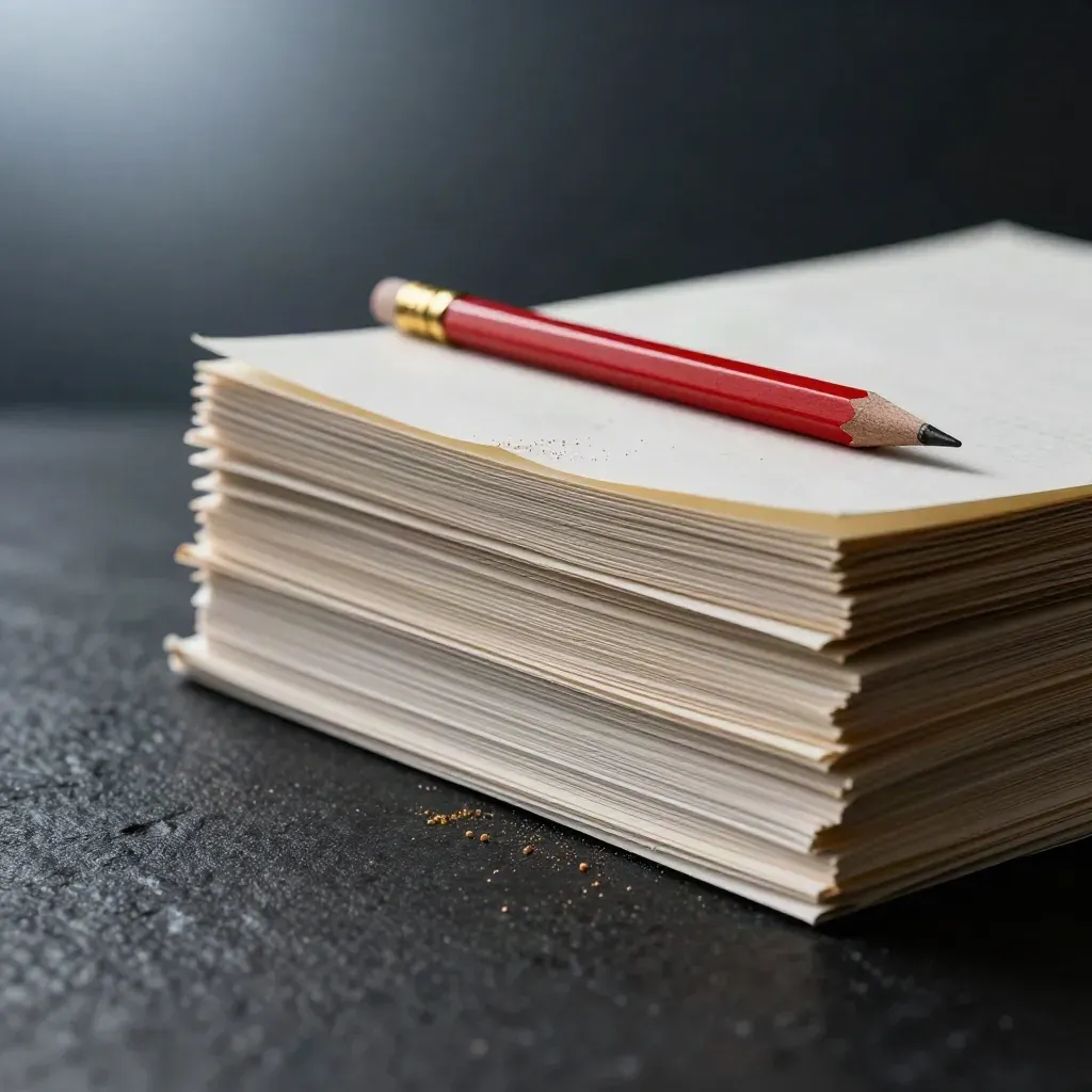 Red proofreading pencil across face-down manuscript sheets with brass clips and a turned proof card.