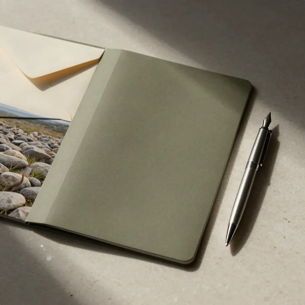 Macro still life of a CV folder, fountain pen and sealed envelope on pale travertine.