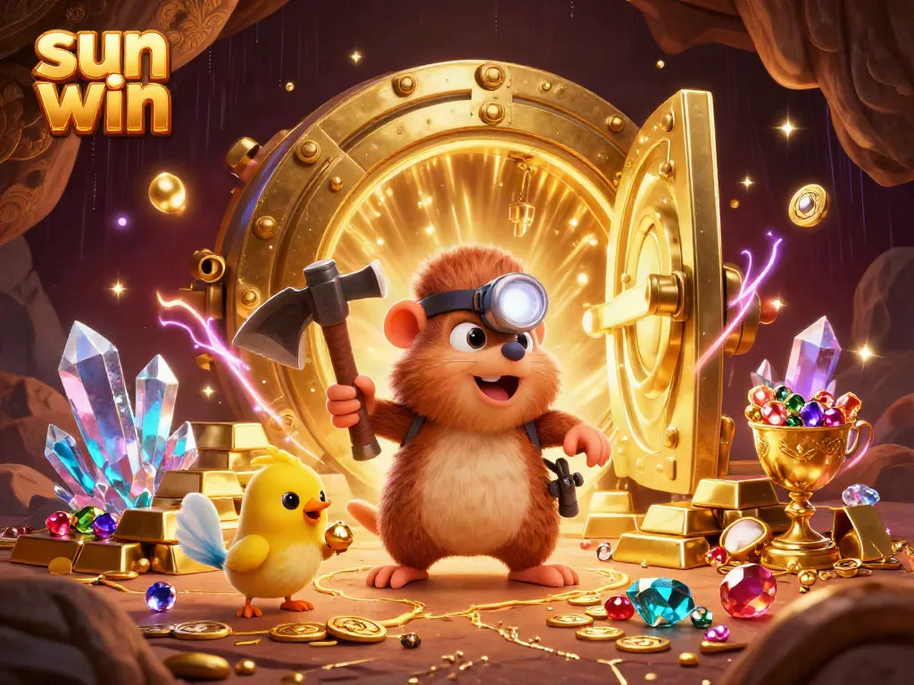 Win big at sun win with a thrilling 3D scene of a treasure hunter and sparkling gems.