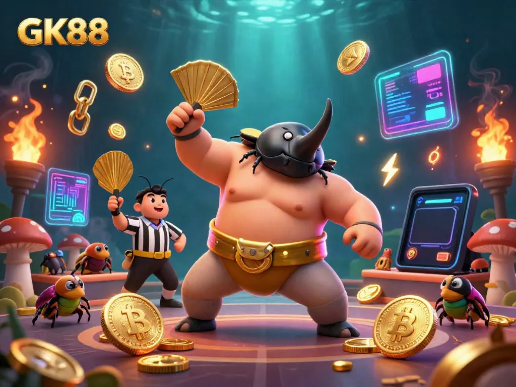 GK88 casino scene with a rhinoceros beetle sumo champion and coins flying, reflecting vibrant gambling energy.