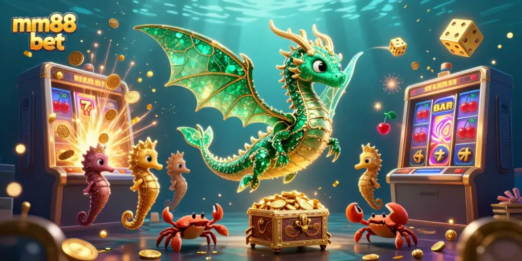 Experience the thrilling mm88 bet with a vibrant underwater casino scene featuring a dragon and jackpot elements.