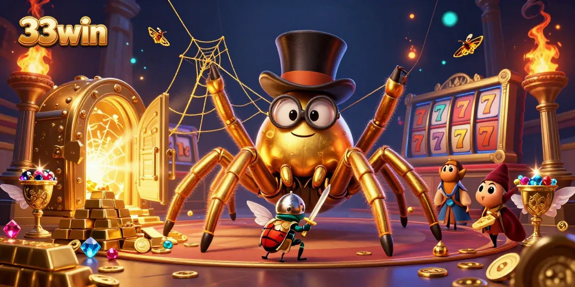 Experience the excitement of 33win with the golden tarantula and beetle knight in a dynamic casino scene.