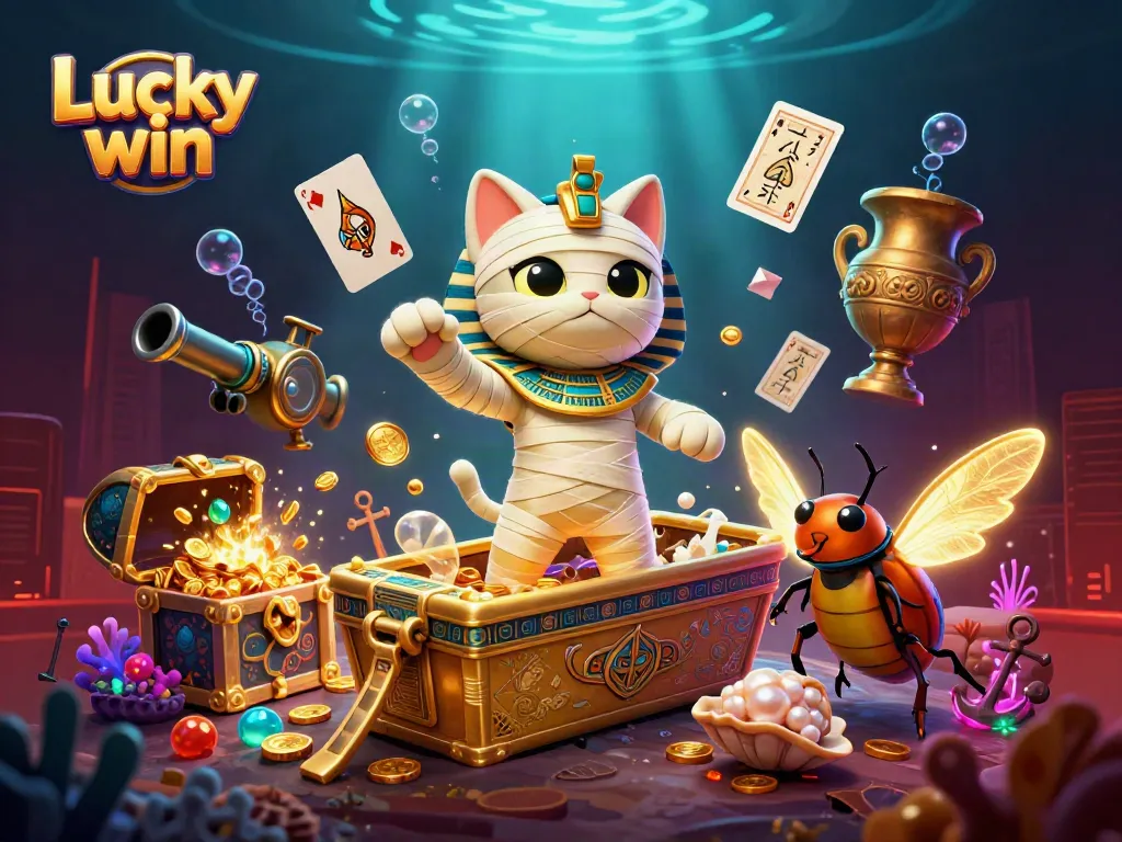 Engage with Lucky win's exciting gaming scene featuring a cartoon Egyptian mummy cat, treasures, and glowing elements.