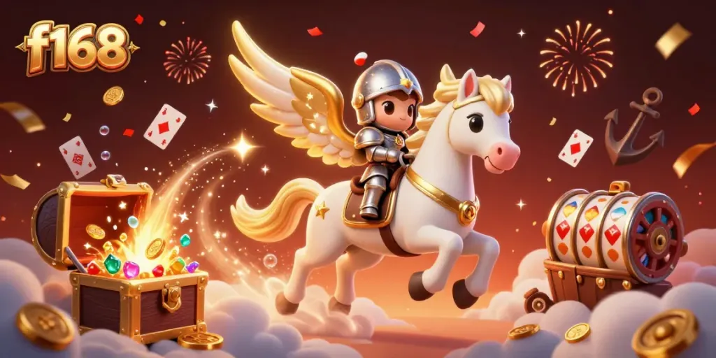 Experience thrilling f168 action with a celestial horse leading a knight through a vibrant casino adventure.