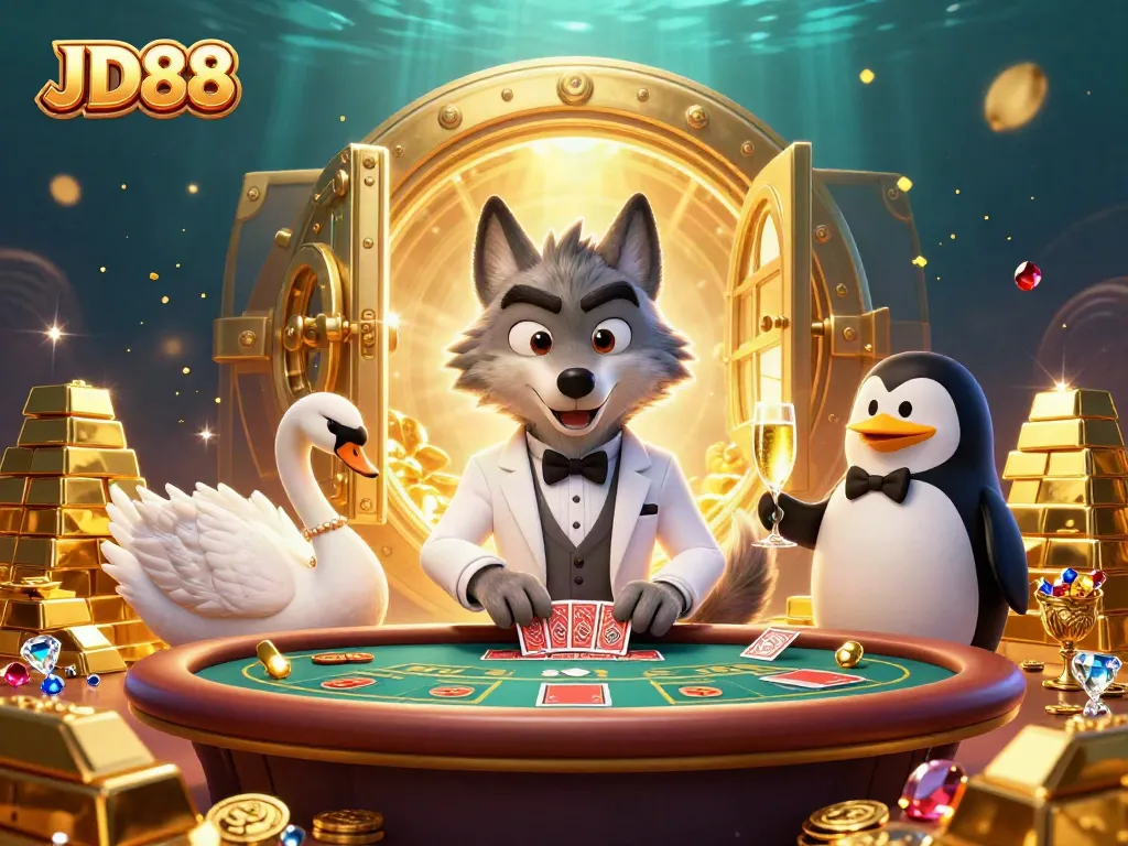 Engage in thrilling baccarat action with JD88, featuring a cartoon wolf, swan dealer, and penguin sommelier.
