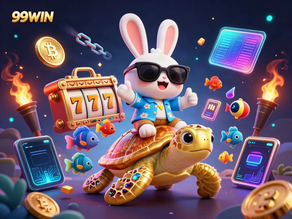 Engage with 99WIN and explore diverse slot games while interacting with vibrant characters in a dynamic 3D scene.