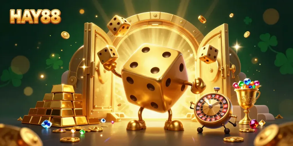 Engage with HAY88's thrilling casino gaming scene featuring vibrant golden dice and treasure.