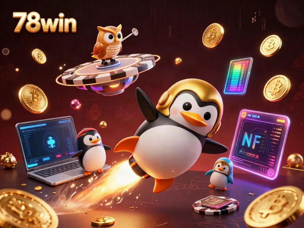 Experience thrilling gaming action with 78win, featuring a golden penguin soaring towards a casino space station.