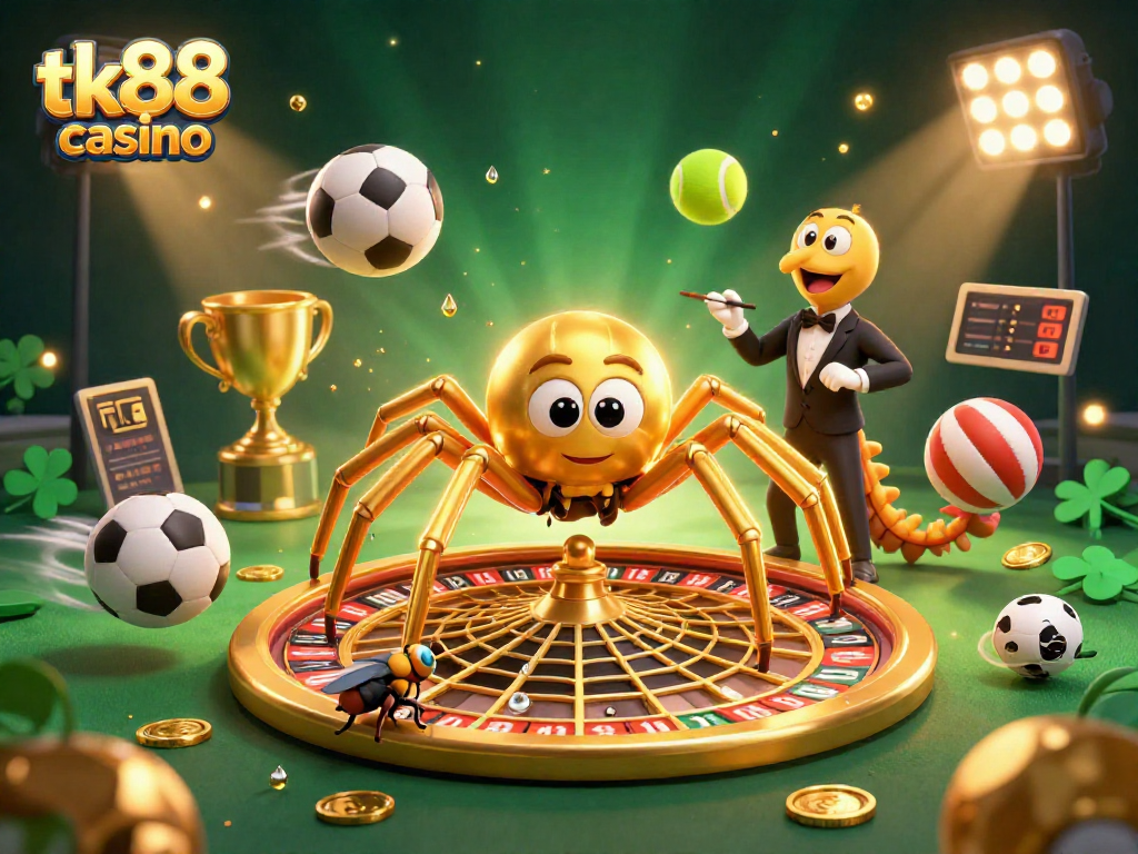 Bets at tk88 casino come alive with a cartoon spider, fly, and centipede in a vibrant 3D scene.
