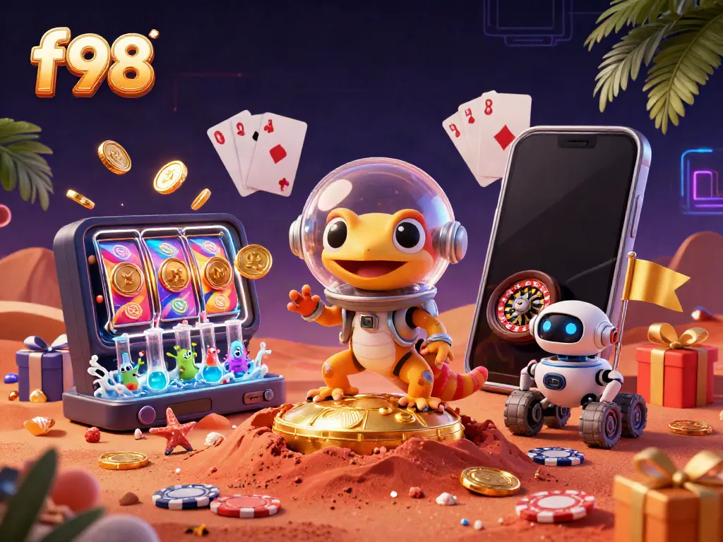 f98 showcases a Martian gecko discovering a golden casino with dynamic slot game elements