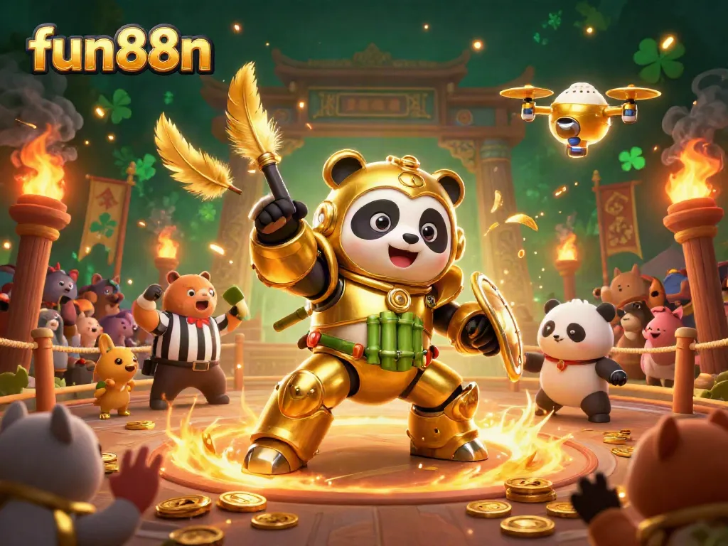 Engage with fun88n in a lively casino scene featuring a mech-suit panda and vibrant action.