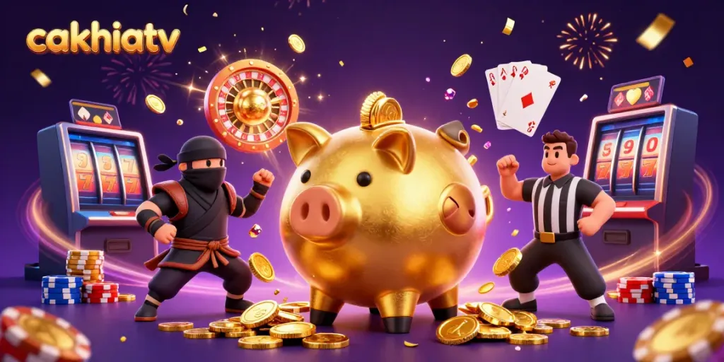Experience the excitement of cakhiatv with a piggy bank sumo wrestler celebrating wins and classic casino thrills.