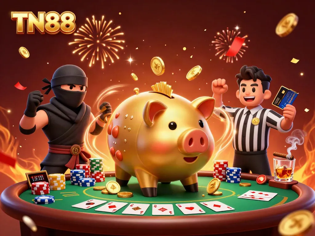 Engaging TN88 casino illustration featuring a golden piggy bank sumo wrestler amidst a vibrant poker scene.