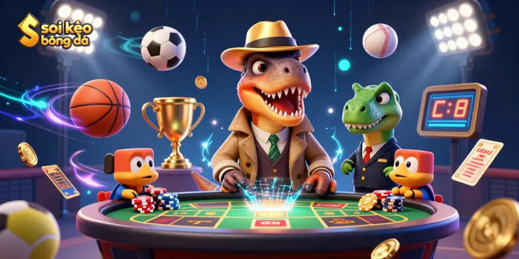 Sneak a winning edge in soi kèo bóng đá with sports betting characters at a vibrant game table