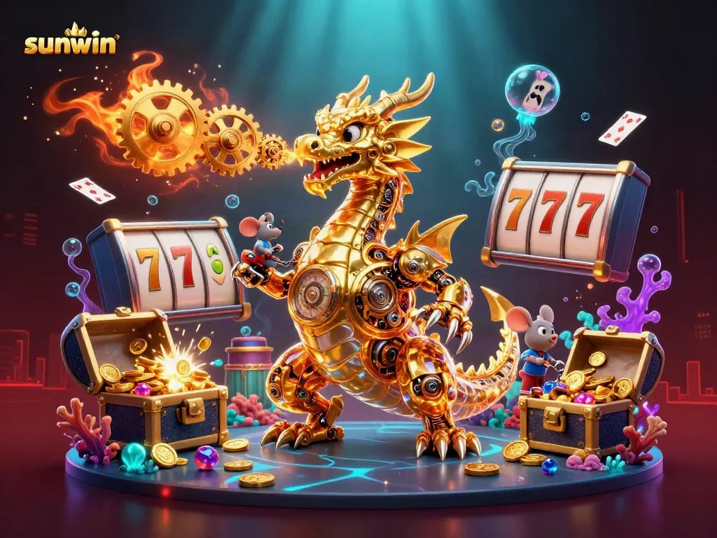 Experience the captivating world of sunwin with a golden dragon amidst rich casino elements in stunning detail.