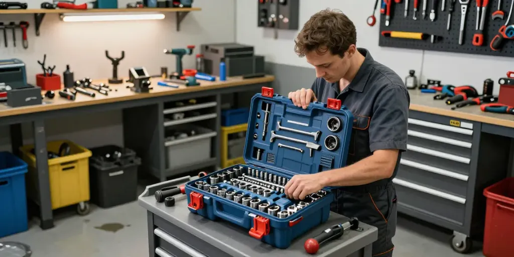 HAZET tool box organized with hand tools in a busy automotive workshop scene