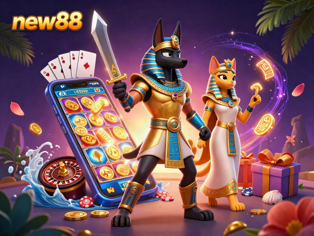 Experience thrilling wins at new88 with Anubis and Bastet in a vibrant casino scene.
