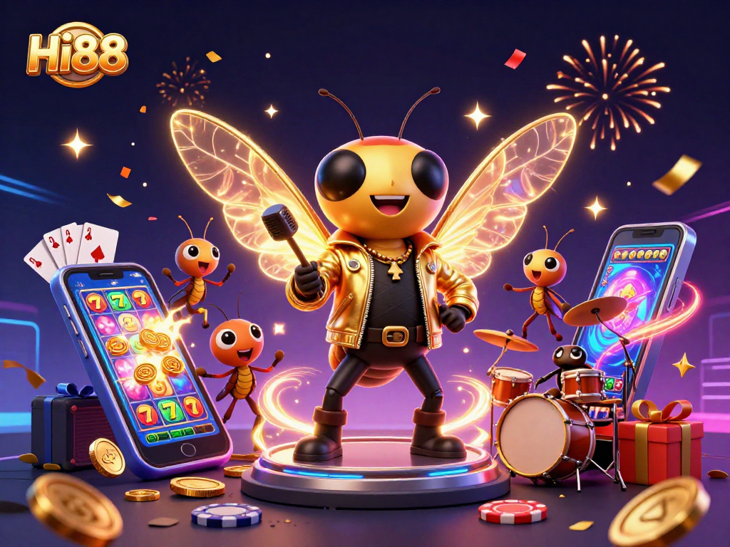 Experience Hi88's thrilling gameplay with a vibrant 3D illustration of a rock star circus and exciting casino elements.