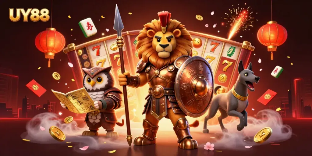 Experience UY88's thrilling dynamic gaming scene with a Spartan lion, owl strategist, and greyhound surrounded by vibrant casino elements.