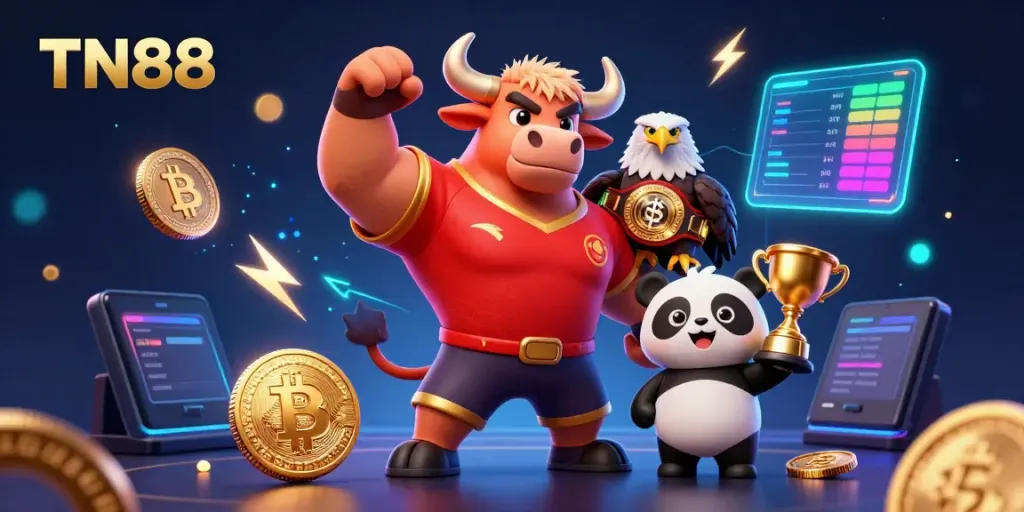 Engage with TN88 at a vibrant casino scene featuring a bull mascot, eagle, and panda celebrating victory.