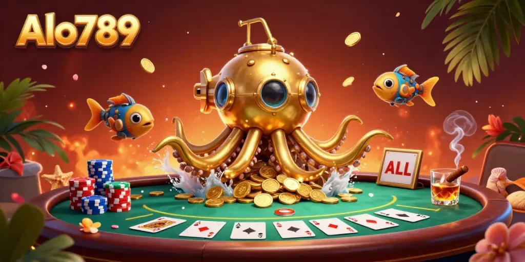 Alo789 showcases a stunning 3D scene with a golden kraken submarine amidst poker elements and golden coins.